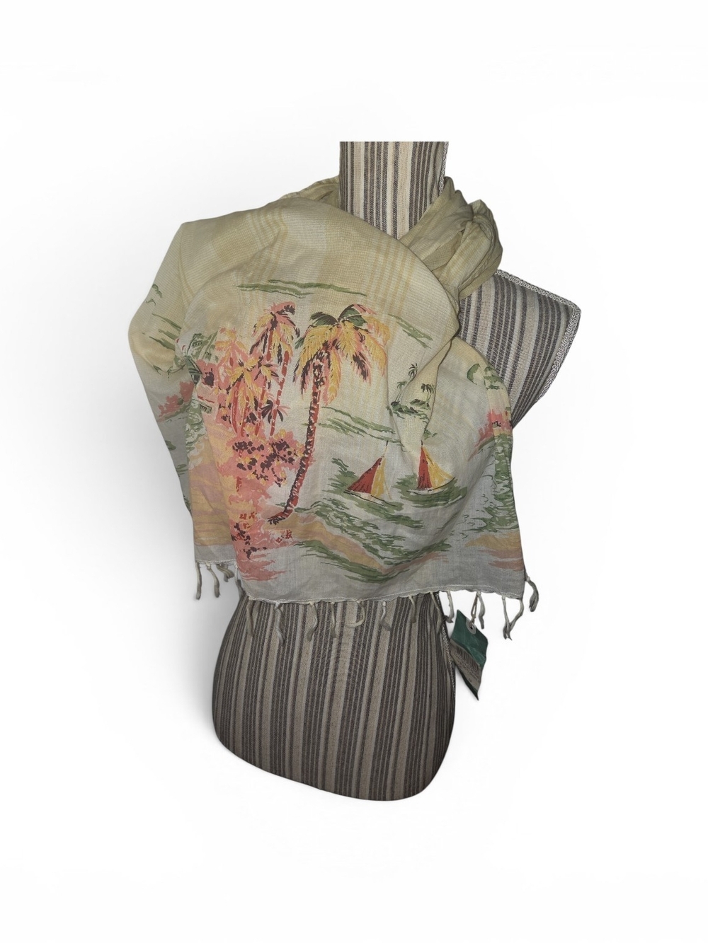 Scotch & Soda Pastel Floral Fringe Scarf in Cream and Light Green - Picture 2 of 5